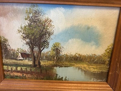  Vintage rustikale Kunst signiert H Kramer Ölgemälde Hütte See Holzrahmen 10x12 