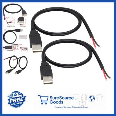 Black 18AWG USB 2.0 Male Plug to 2pin Bare Wire Cable 5V 5A for DIY Projects