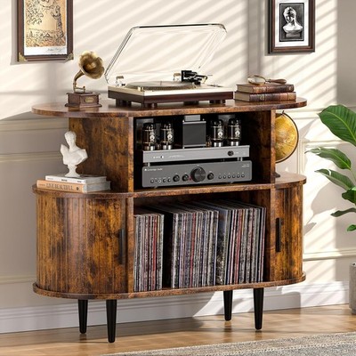Large Record Player Stand with Storage and Shelves, Mid Century Modern Record
