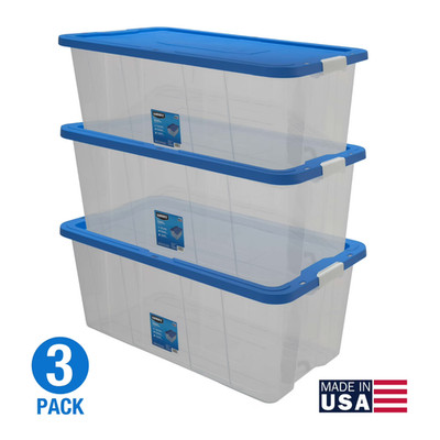 HART 160 Quart Latching Plastic Storage Bin Container, Clear, Set of 3