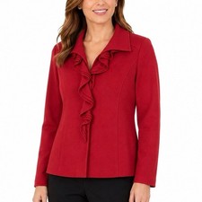 Tahari Arthur S. Levine Red Ruffle Front Jacket Blazer Size 10 Career Stretch