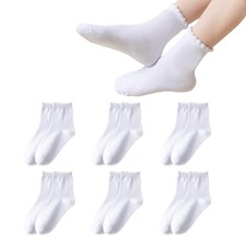 6 Pairs Girls Ruffle Socks Cotton School Uniform Socks Soft 7-9 Years White