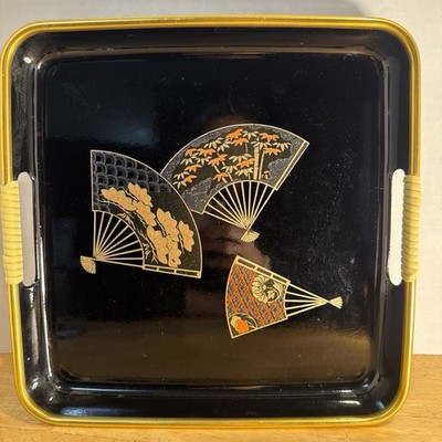 Japanese Lacquer Ware Square Tray Fan Design Alcohol Resistant Stainproof 10in