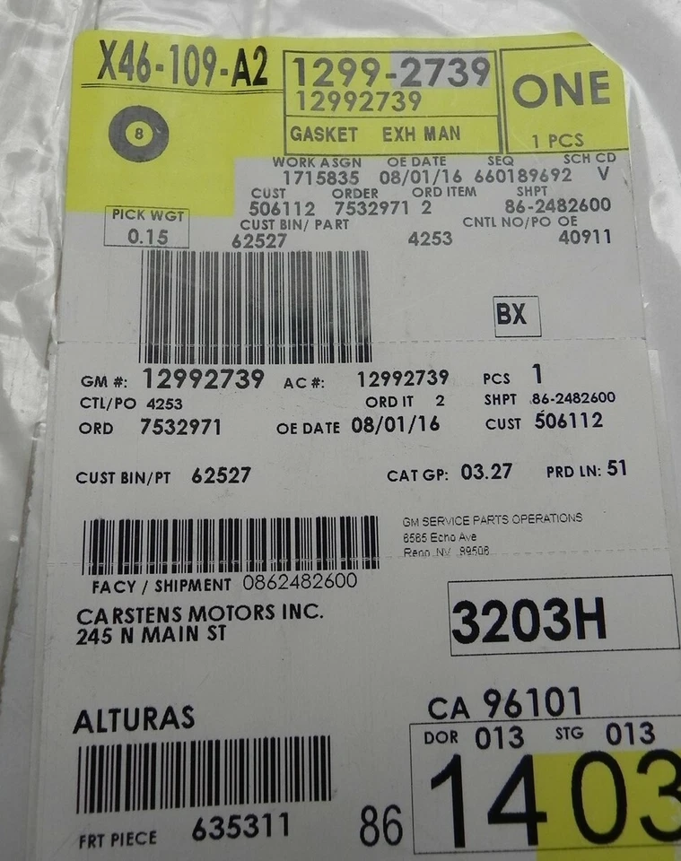 GM #12992739 EXHAUST MANIFOLD GASKET 2002-03 SATURN VUE 2001-03 SAT LW300 ... - Image 2 of 4