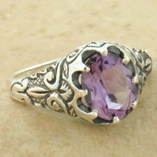 GENUINE BRAZILIAN AMETHYST 925 STERLING SILVER CARVED CLASSIC STYLE RING  1034