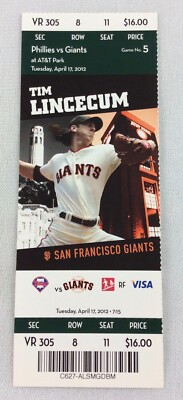 MLB 2012 04/17 Philadelphia Phillies at SF Giants Full Ticket-Bumgarner WP