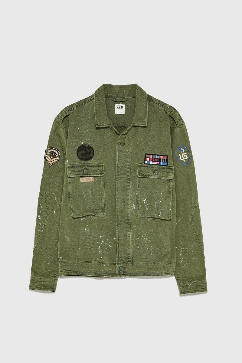 New Zara Splatter Military Patch Jacket M denim jeans coat New Zara Splatter Military Patch Jacket M denim jeans coat