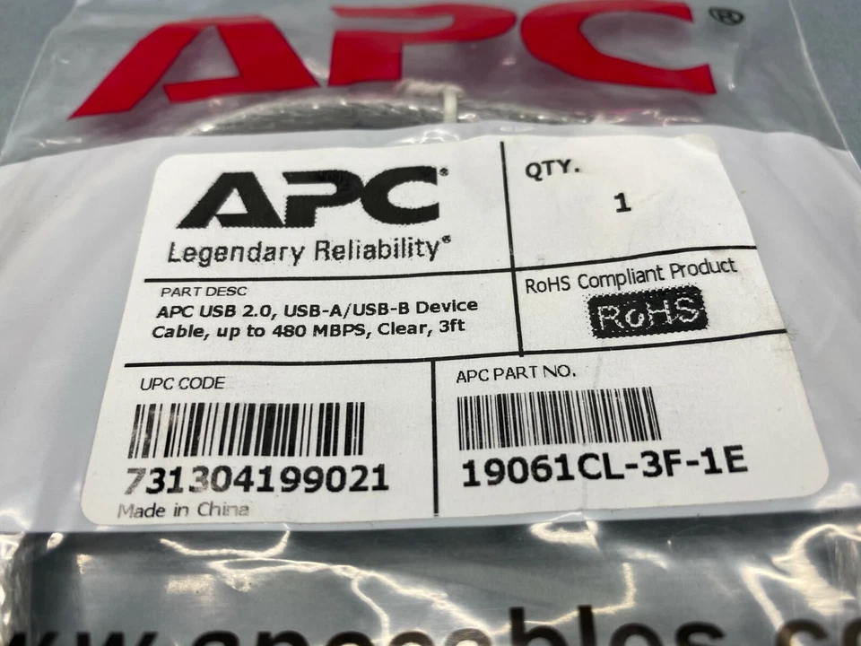 APC 19061CL-3F-1E Cable USB 2.0, USB-A / USB-B, 480 MBPS, Clear, 3' Feet - Image 2 of 4