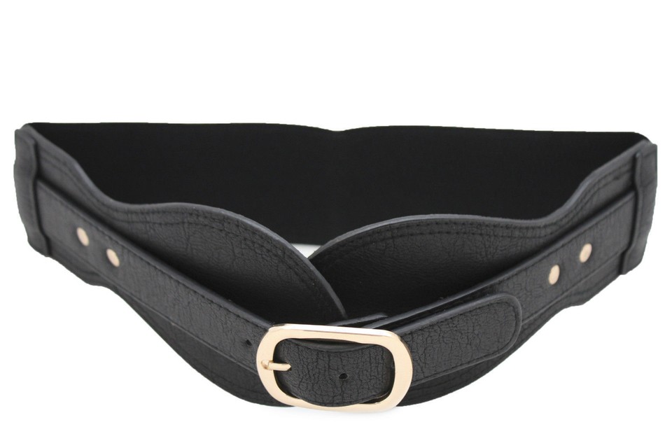 Women Fashion Black Belt Hip Waist Wide Stretch Faux Leather Gold
