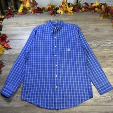 Chaps Button Down Shirt Size Medium Mens Blue Plaid Dress Shirt Logo Pocket