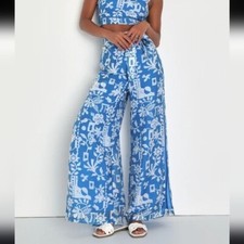 LULUS Sweet Retreat Summer Vacation, Beach, Blue Print Slit Wide-Leg Pants