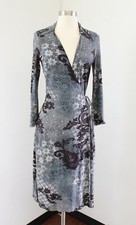 Bebe Slate Blue Gray Floral Geometric Print Wrap Tie Side Dress Size S 