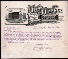 West Winfree Tobacco Co - Lynchburg Va 1913 - Henry Clay Anna Camp - Letter Head