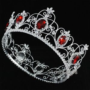 King Queen 3 5 Crown Full Round Circle Tiara Simulated Red Ruby Wedding Pageant Ebay