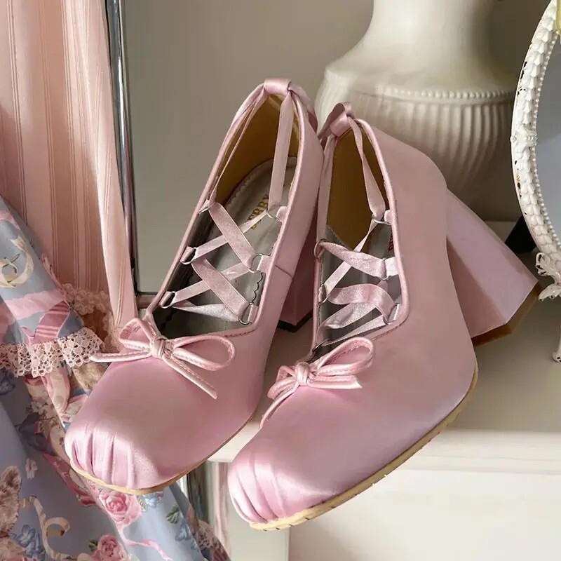 BALLET CORE HEELS PINK SATIN BABY DOLL KAWAII PASTEL ROSE