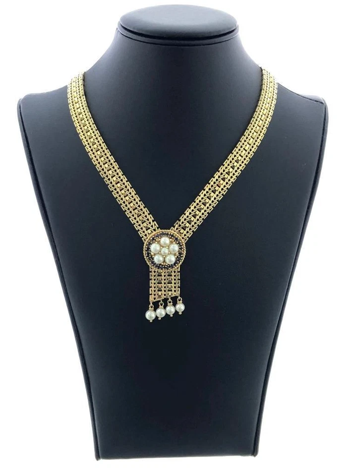 Collar de oro amarillo de 14k zafiros azules y perlas diseño halo vintage 63,4 gramos