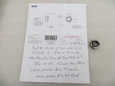 Security Locknut 3/4''-10 Finish Hex Nut Thin GR-5 USA 100 pcs 1004-0750-100-1-0