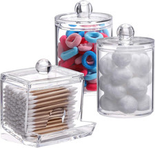 Clear Plastic Qtip Holder Set 3 Pack Bathroom Vanity Organizer with Lids