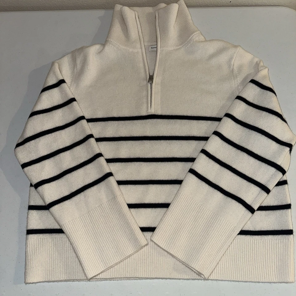 Suéter Banana Republic 100 % cachemir 1/4 cremallera para mujer talla L azul marfil a rayas Foto 4 de 4