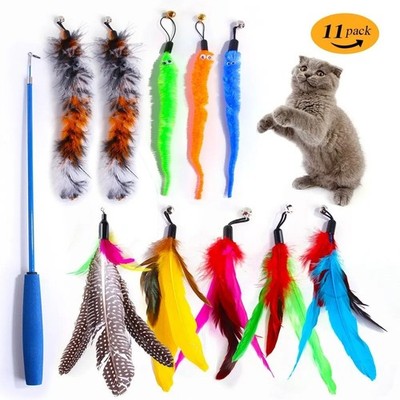 11PCS Cat Feather Toy Replacement Set Retractable Wand Teaser Refill Accessories