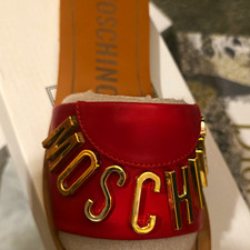 MOSCHINO Women's Red/Gold Logo Slide Sandals Slip-On Leather Size 8