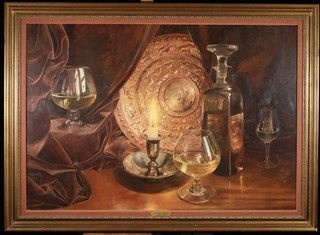 ROSA BRANSON M.B.E. (b.1933) GIANT SIGNED ENGLISH OIL CANVAS STILL LIFE COGNAC