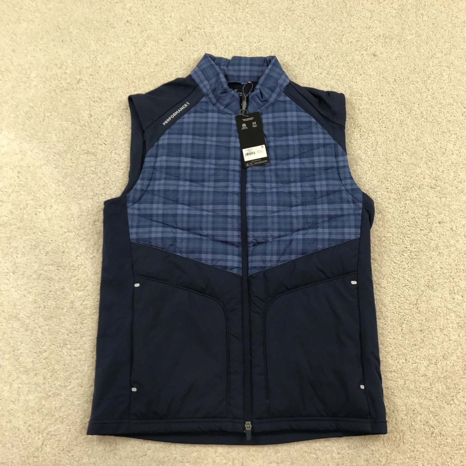 Walter Hagen 11 Golf Vest Mens Small Blue Plaid Performance Zip Pockets
