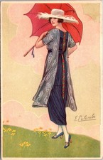 E. Colombo Lady with Red Parasol Fashion Art ...