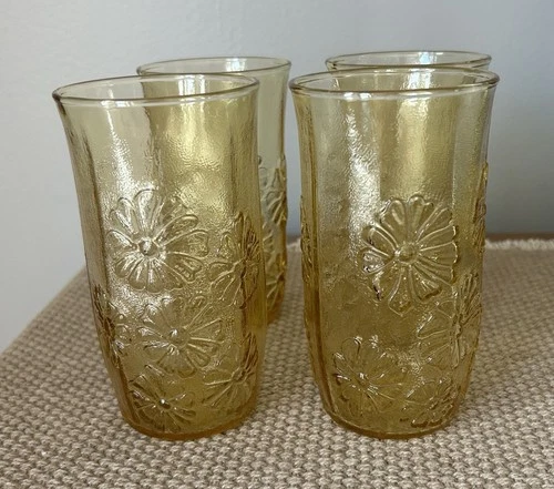 4 Vintage Anchor Hocking Spring Song Daisy Amber Gold Glass Tumblers