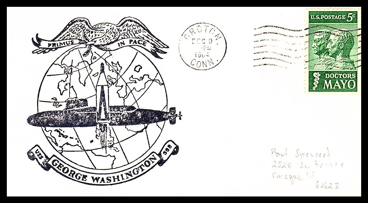 USS GEORGE WASHINGTON SSBN-598 SHIP CREST DEC 10 1964 GROTON CT NAVAL CACHET BX2