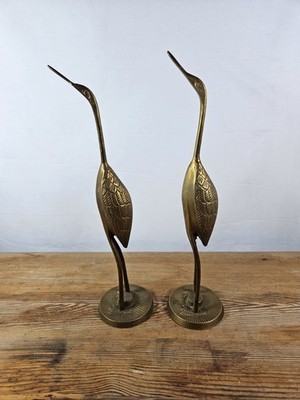 PAAR SCHÖNE VINTAGE MESSING KRANICH REIHER VOGEL FIGUREN MID CENTURY DEKOR 28 CM