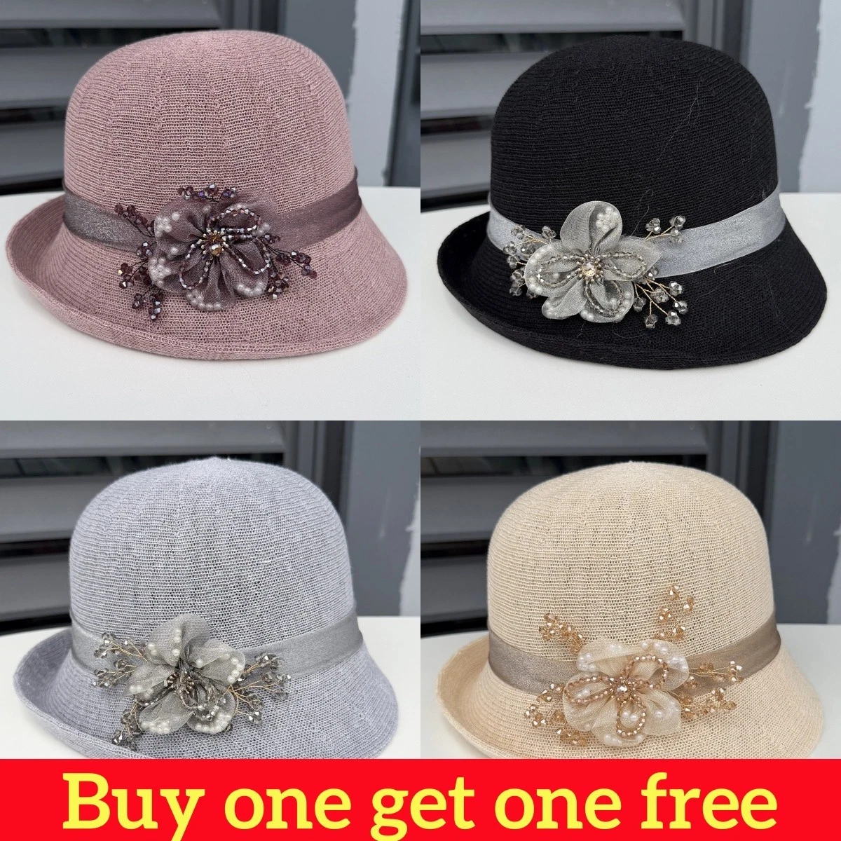Women's Summer Sun Hat Wide Brim Flower Decor Beach Bucket Hat 2Pcs