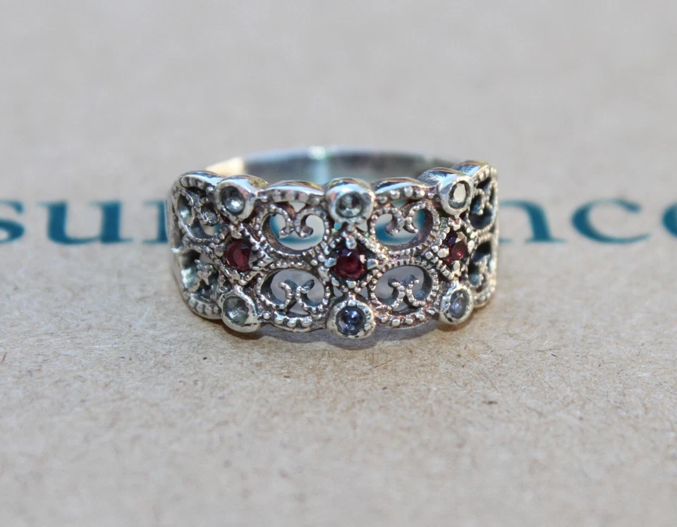 Catálogo SUNDANCE Anillo Plata Esterlina Granate "Encaje Barroco" Talla 7 Banda Filigrana Foto 2 de 4