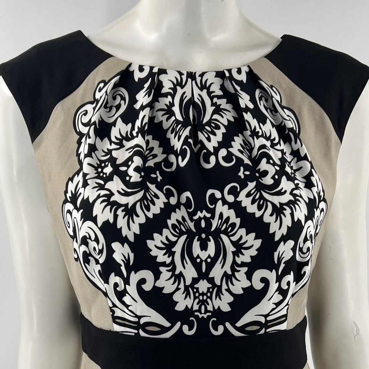 London Times Sheath Dress Size 12 Tan Black Filigree Print Cap Sleeve Zip  Womens