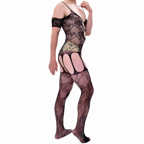 Men Lace Jumpsuit Sexy Corset See-through One-Piece Bodysuit Bra Underwear Sissy - Picture 8 of 10