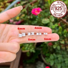 925 Sterling Silver Square Princess Cut Cubic Zirconia Stud Earrings Women 3-6mm