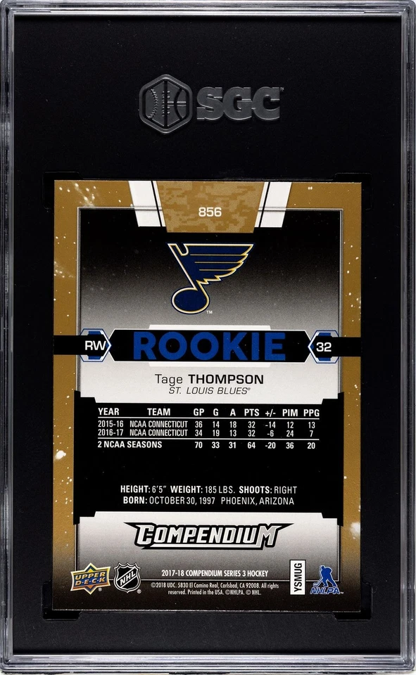 2017-18 UPPER DECK COMPENDUM GOLD TAGE THOMPSON BUFFALO SABRES ROOKIE SGC 9.5 MT - Image 2 of 2