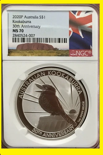 2020 Australia Kookaburra NGC MS70  1 oz Silver prfct70 NEW 30th Ann flag label