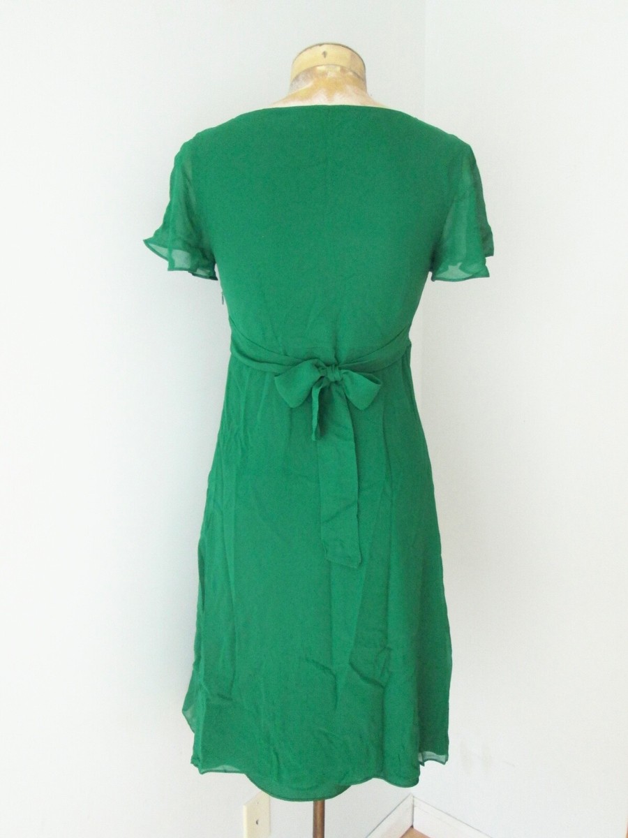 Boden Ltd Ed emerald green silk empire tie back dress shaggy flower trim US  4 | eBay