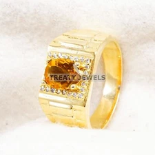 Citrine Oval Cut With 925 Sterling Silver Gold Plated Ring For Men's #A986