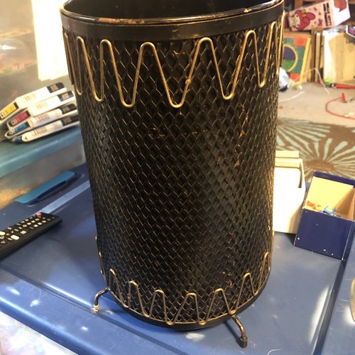 Atomic Vtg MCM Metal trash garbage can Gold Black wire with Original Can - Picture 4 of 8