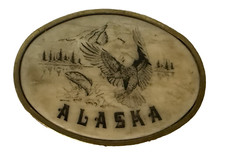 Vintage BTS Solid Brass Scrimshaw Alaska Belt Buckle Eagle Fish