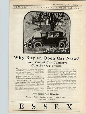1922 Paper Ad Car Auto Automobile Essex Closed Car Touring Cabriolet Coach