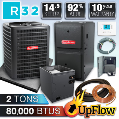 Goodman 2 Ton 14.5 SEER2 80K BTU 92% Upflow Gas Furnace & R32 AC Split System