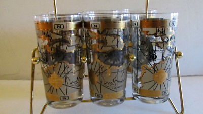 Vtg  6 MAP OF WORLD Glasses and Wire & Wood Caddy  MCM Gold & Black Compass Set