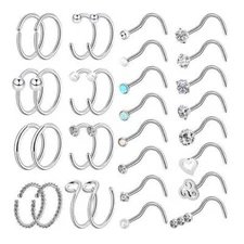 32PCS/LOT CZ Nose Ring Screw Nose Studs Surgical Steel Bar Piercing Jewelry 20G