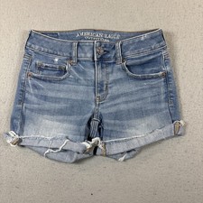 AMERICAN EAGLE SUPER SUPER STRETCH MIDI DENIM SHORTS SIZE 4 DISTRESSED RAW HEM