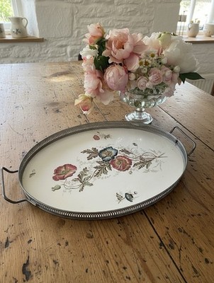 Antique Porcelain Gallery Tray Flowers & Bee Handled 20.5  X 13.25  Estate Find