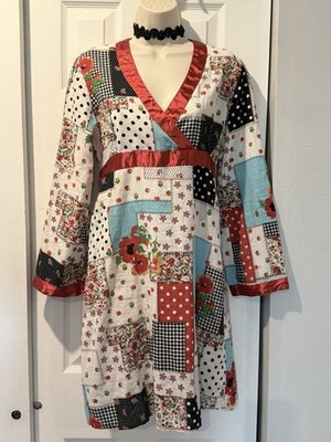 Patchwork Babydoll Tie Back Midi Dress Sz 38/4-6 Boho Floral Dots Folklore Fairy