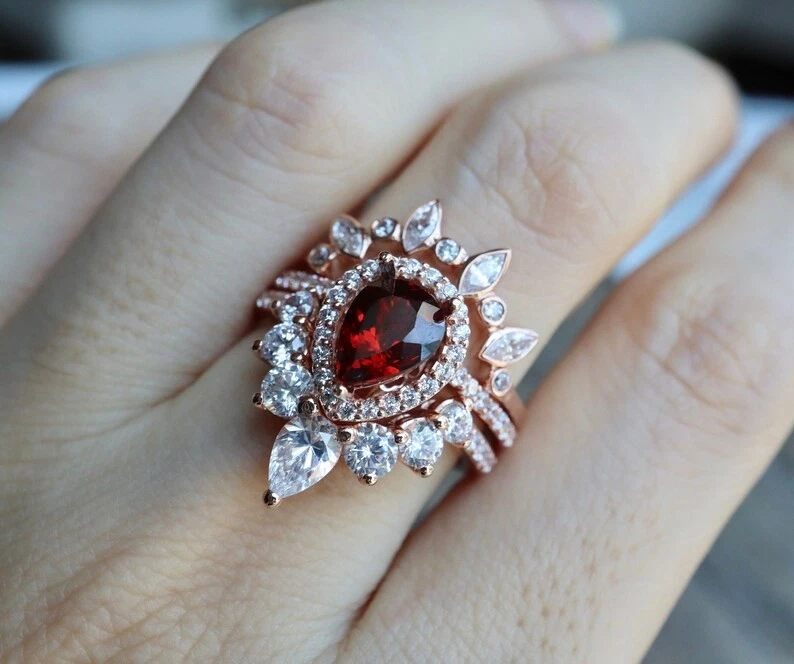 Rose Gold Plated 925 Silver Pear Cut Ruby Vintage Engagement 3Pcs Ring Set - Image 3 of 4